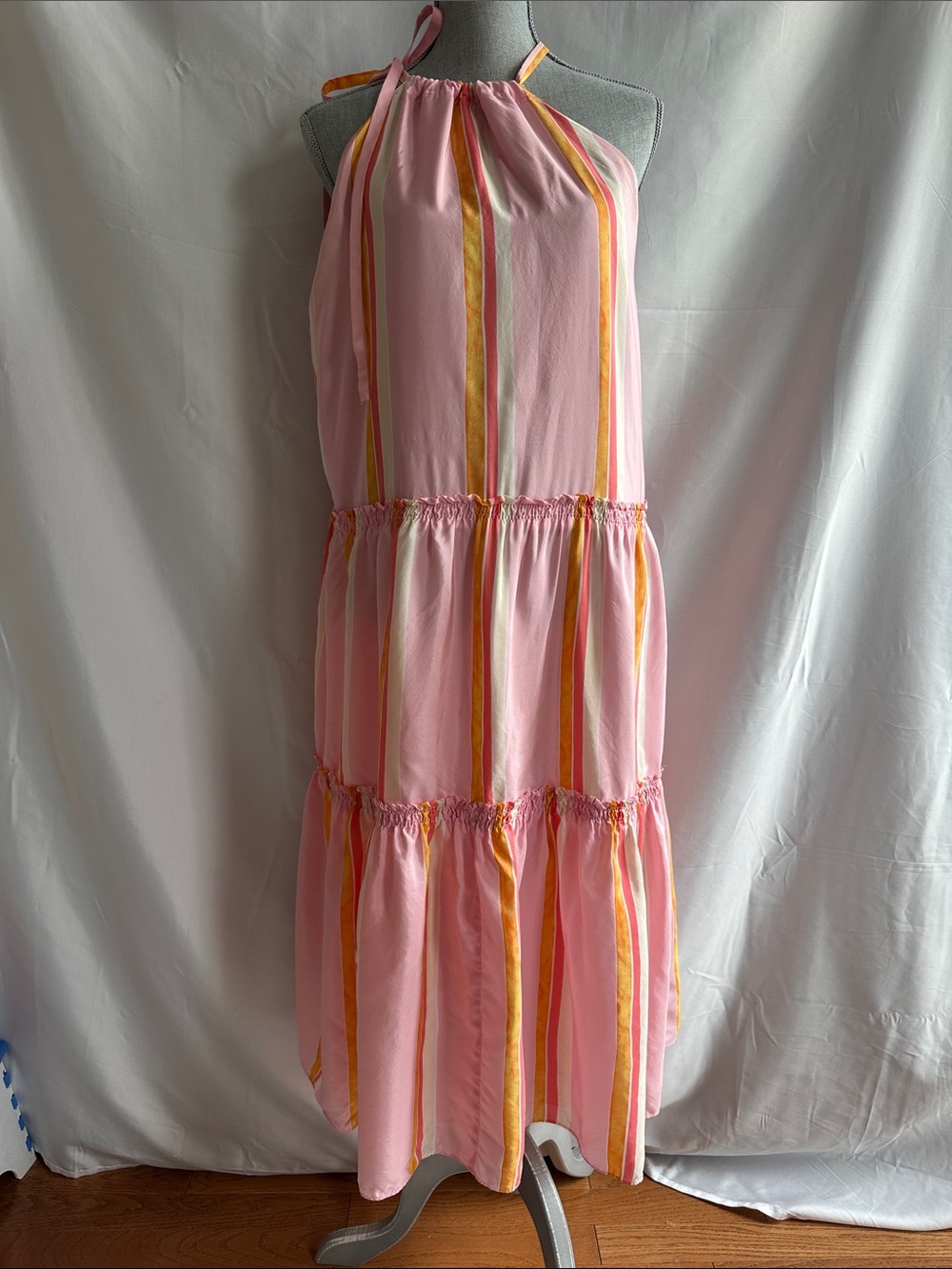 Club Monaco Silk Pink Striped Maxi Halter Dress with Yellow and White Accents